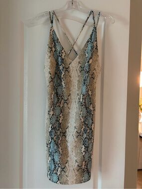 Snake-Print V-Neck Slip Dress in Beige and Blue